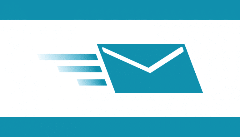 Blaues E-Mail-Symbol mit Bewegungslinien, die das gesendete E-Mail-Marketing anzeigen.