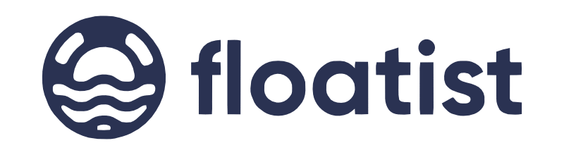 Logotipo de "floatist" con ondas de agua estilizadas dentro de un contorno circular, perfecto para los amantes del diseño de interiores.