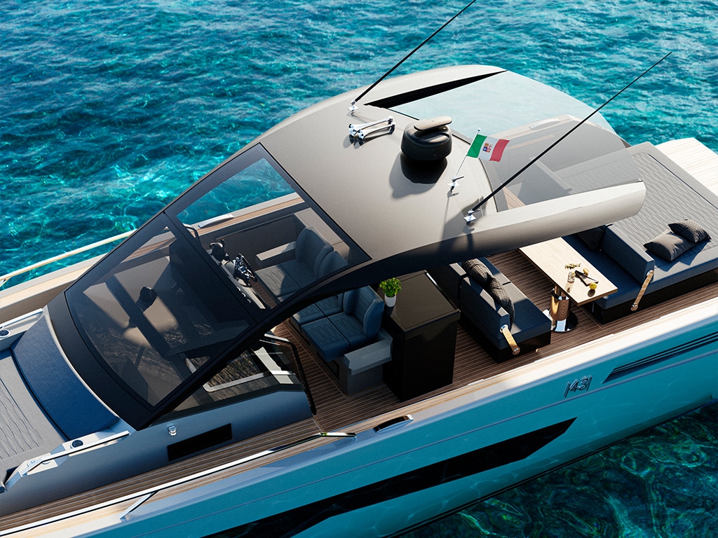 Un yate de lujo que navega por aguas cristalinas, con un diseño elegante, una zona para tomar el sol, asientos al aire libre y una bandera italiana en la popa. Visítenos en Palma Internacional