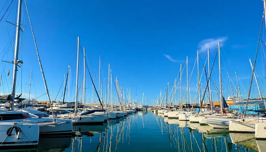 Hafen Mallorca: Zahlreiche Segelboote spiegeln sich im blauen Wasser unter strahlend blauem Himmel. Urlaubsidylle pur!